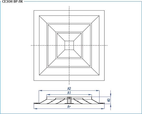 Посадочные размеры и сечение профиля вентиляционной решетки ВР-ПК
