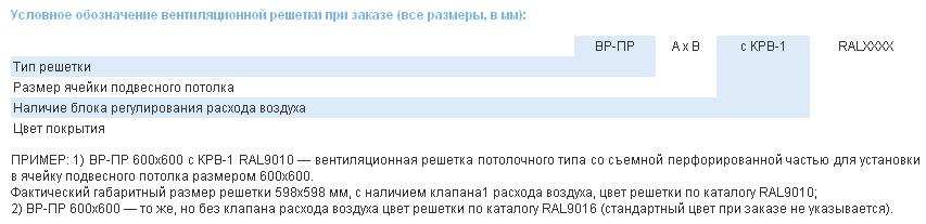 Условное обозначение вентиляционной решетки при заказе (все размеры посадочные, в мм) вентиляционной решетки ВР-ПР