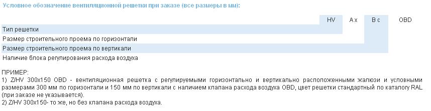 Условное обозначение вентиляционной решетки Стандарт Z/HV при заказе (все размеры посадочные, в мм)