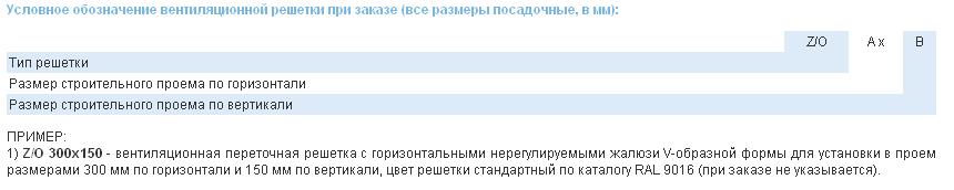 Условное обозначение вентиляционной решетки при заказе (все размеры посадочные, в мм). Вентиляционные решетки «Z/O» - «Overflow»