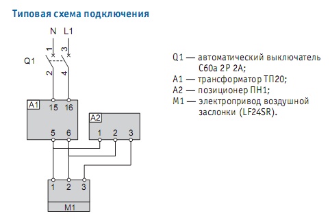 Типовая схема подключения позиционера управления расходом воздуха ПН1 и ПС1