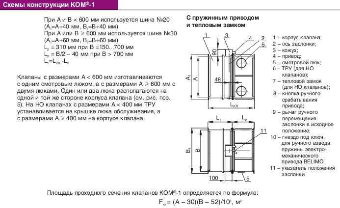 Схемы конструкции клапана КОМ-1 с пружинным приводом и тепловым замком