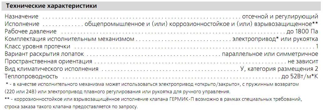 Технические характеристики клапана ГЕРМИК-П