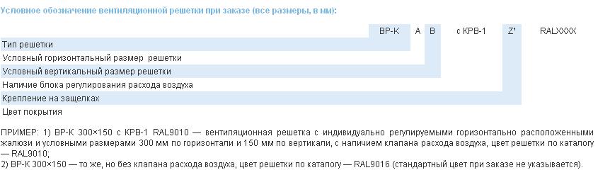 Условное обозначение вентиляционной решетки при заказе (все размеры посадочные, в мм) вентиляционной решетки ВР-К